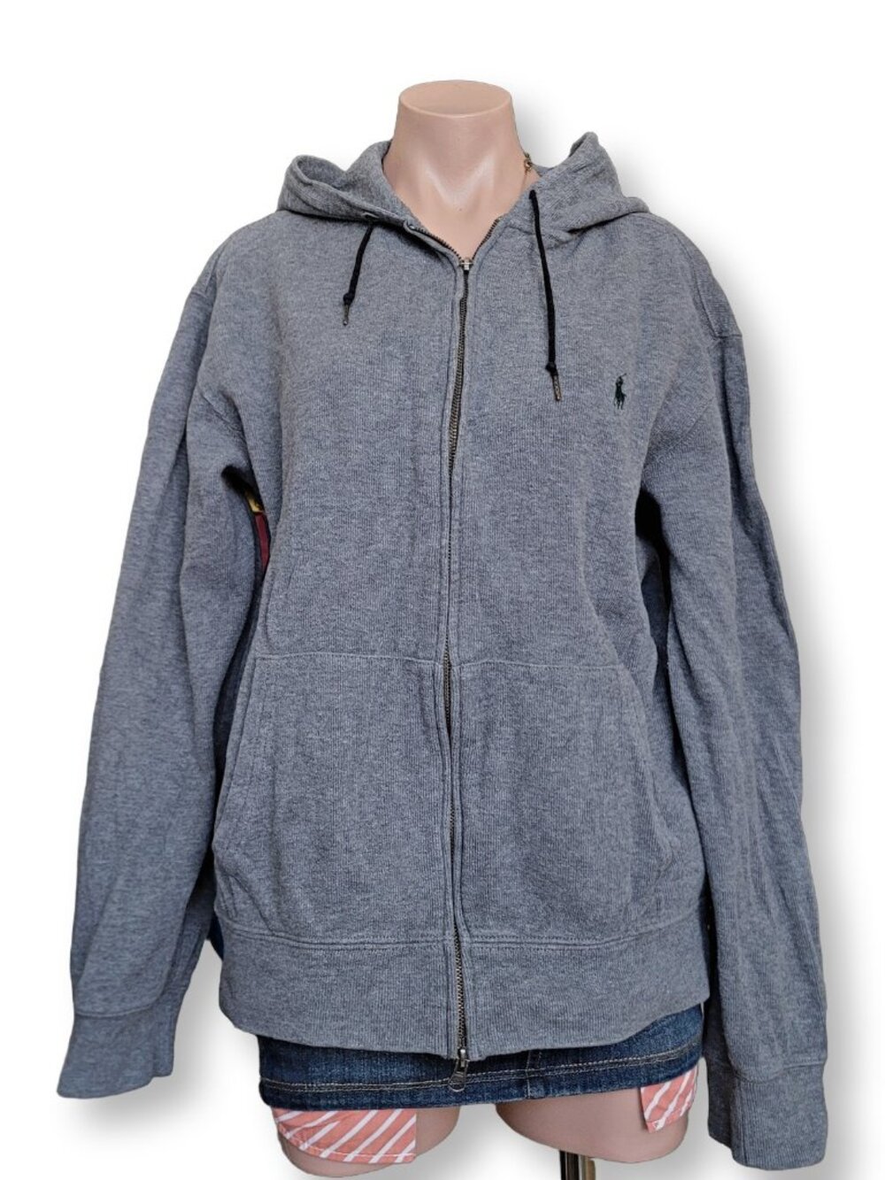 Polo Ralph Lauren Grey Knit Green Pony Logo Boxy Zip Hoodie (L)